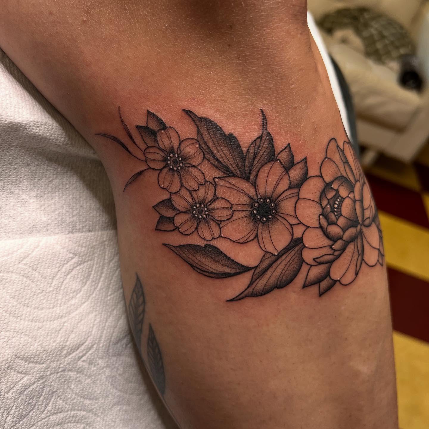Flowers black and grey tattoo on the forearm by ♛Mollie Evans