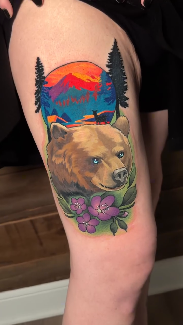 Bear with mountain sunset realism tattoo by Joe Friedman