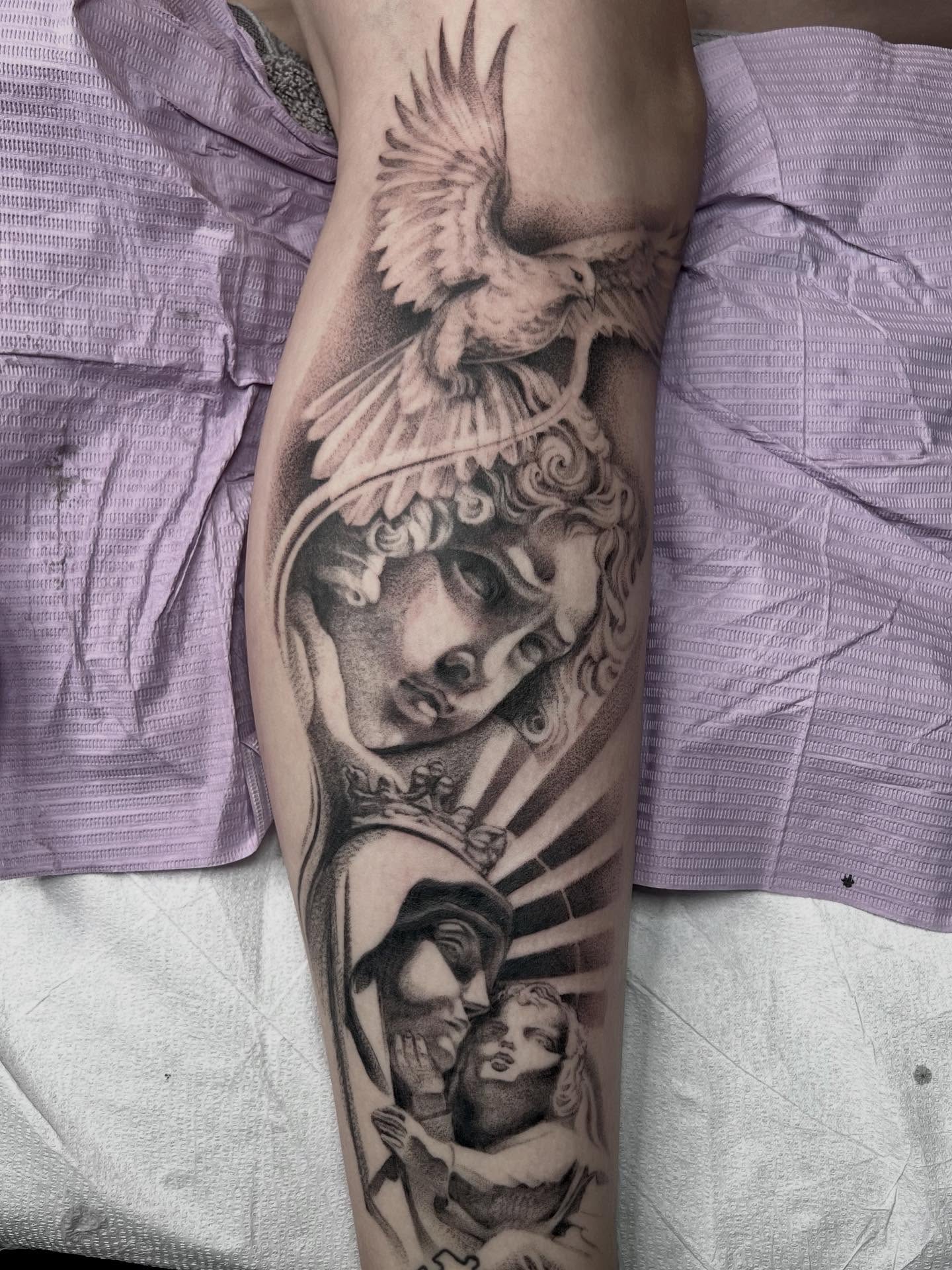 Tattoo by @woodrowtattoo — black_and_grey, realism