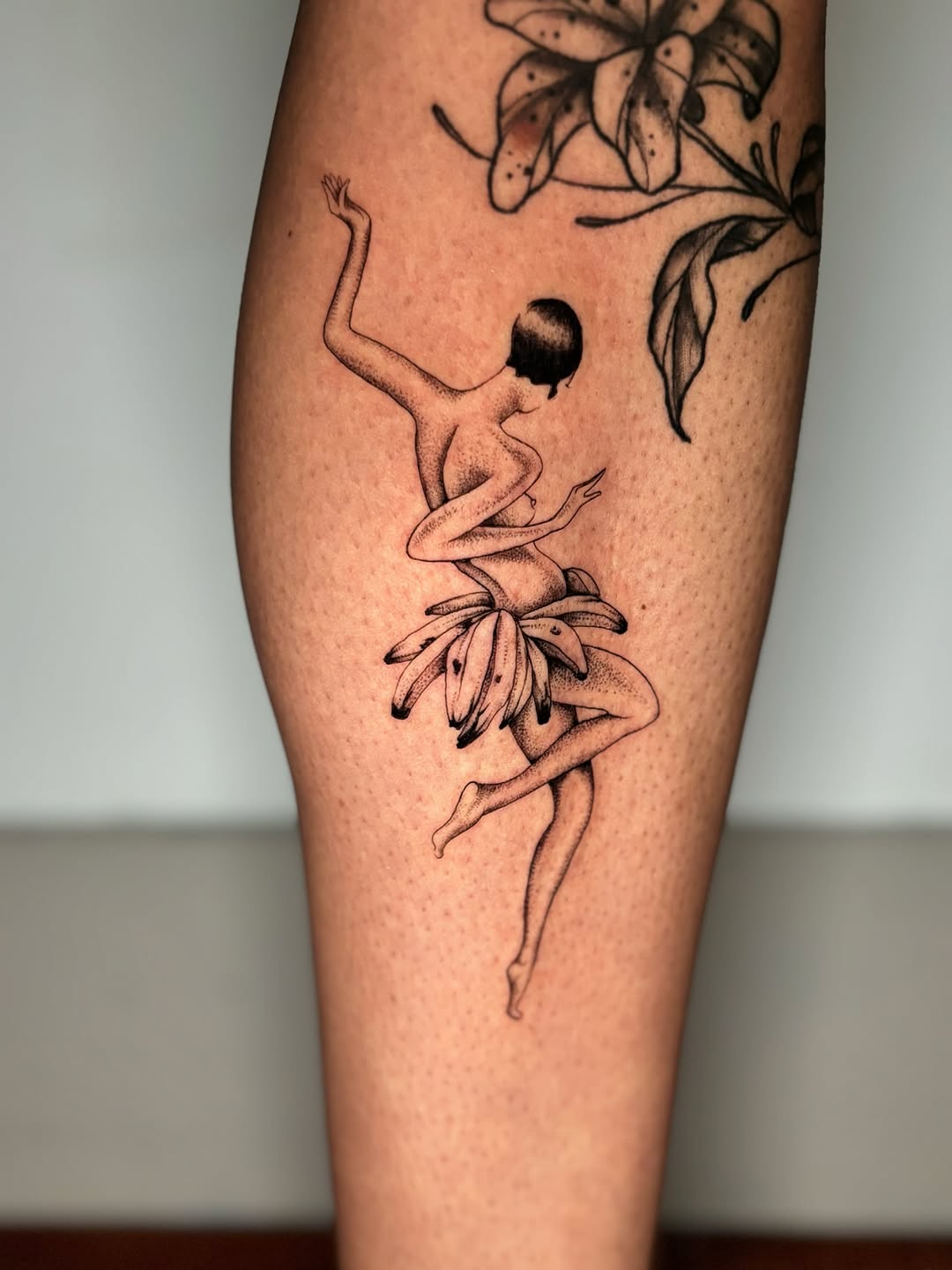 Dancer with bananas sketch tattoo on the forearm by Jojo Rose ✨ Denver Tattoo Artist
