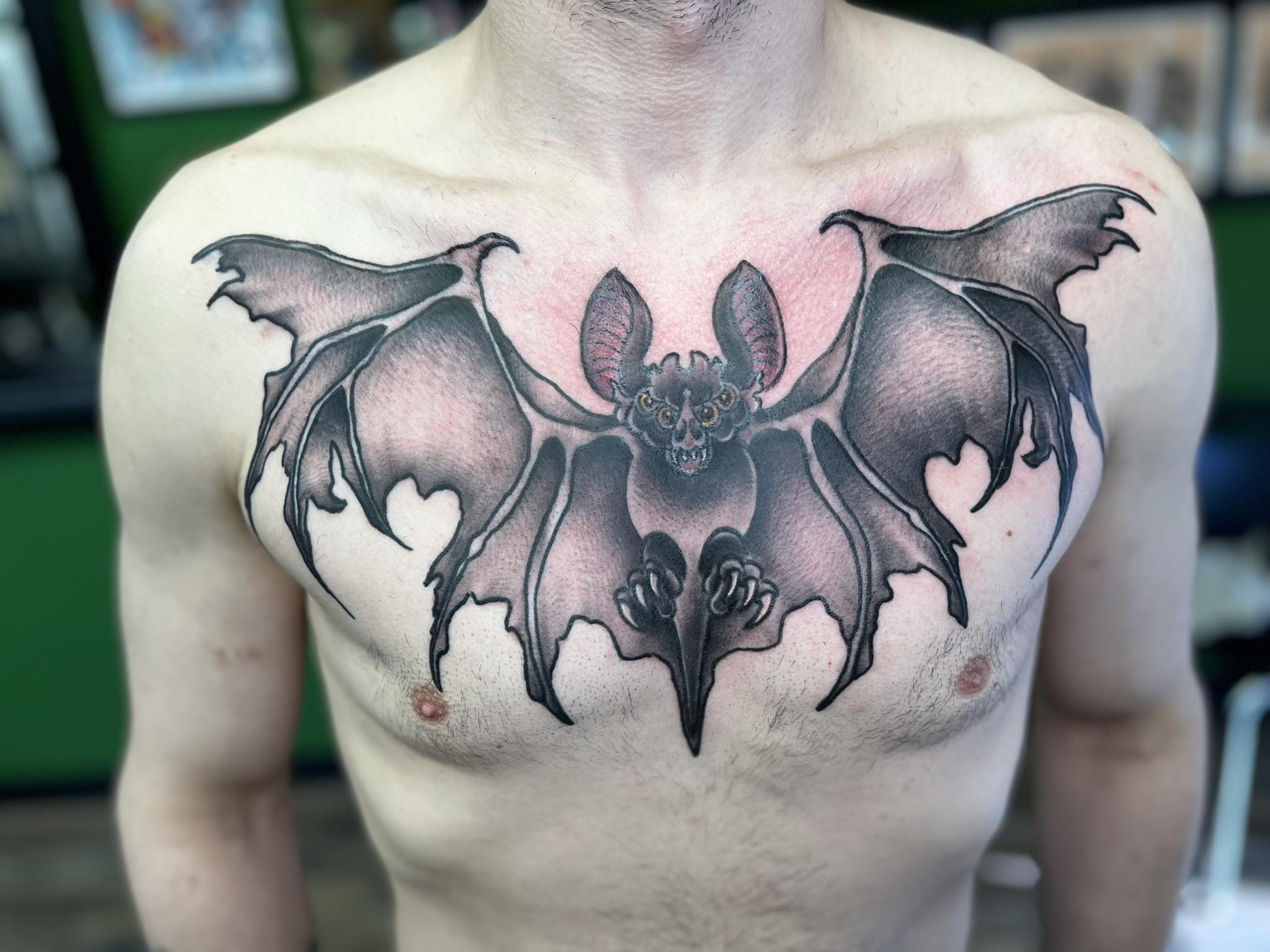Bat black and grey tattoo on the chest by Josh Roberts, Franklin, Ohio