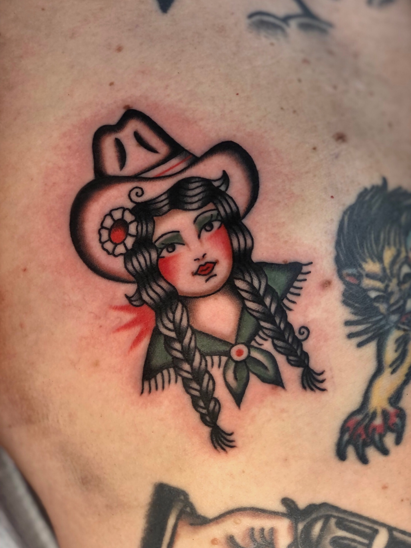 Cowgirl American traditional tattoo on the shoulder by EVA Traditional Tattoos