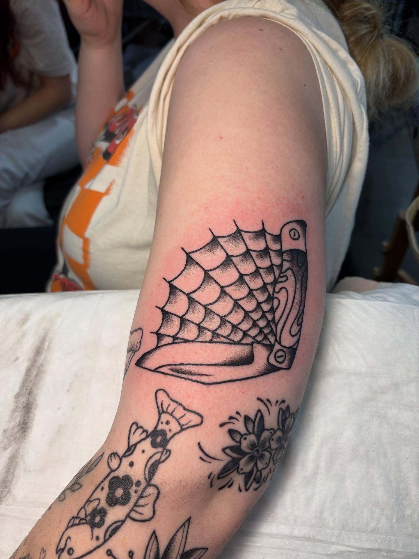 Fish scale American traditional tattoo on the forearm by gia❤️‍🔥🎲, Maryville, Tennessee