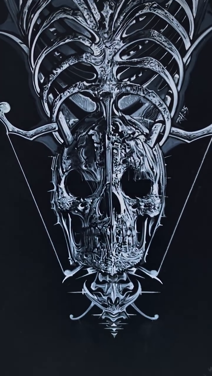 Skull and ribcage dark realism tattoo by Robert Hernandez