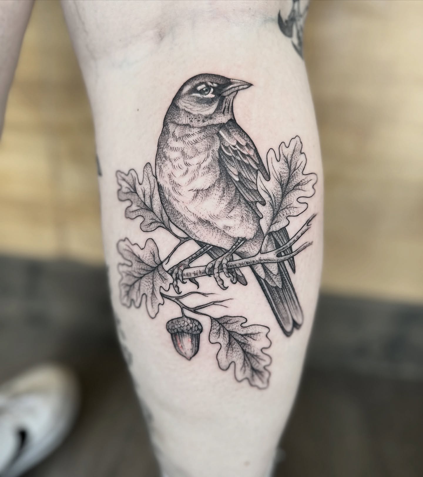 Bird black and grey tattoo on the forearm by Robert McCollum