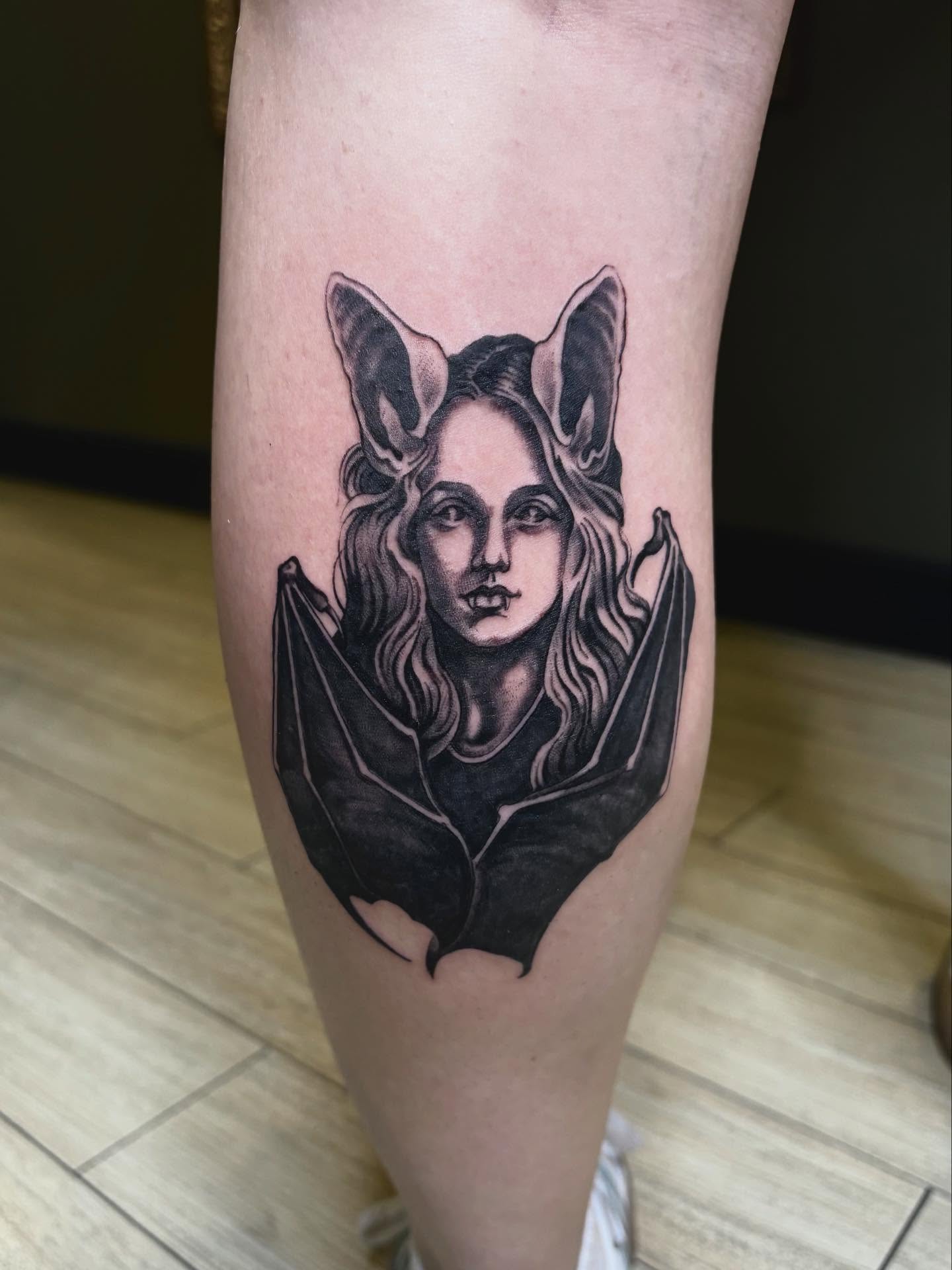 Bat woman realism tattoo on the forearm by Tad Fulkerson, San Francisco, California
