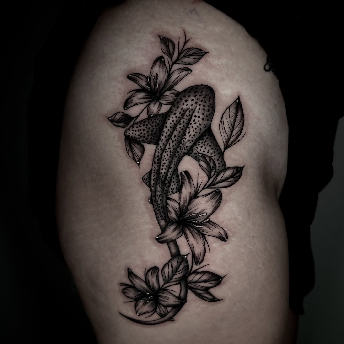 Mushroom and flowers dotwork tattoo on the shoulder by ✮ Monarch Tattoos ✮