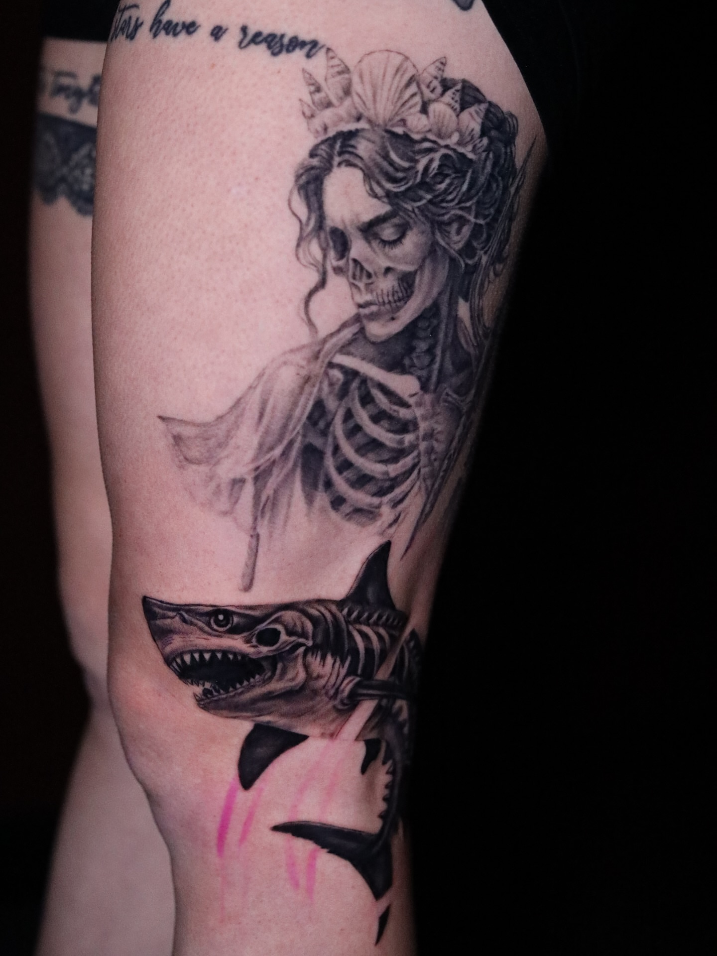 Skeleton woman with shark realism tattoo on the forearm by Neeko