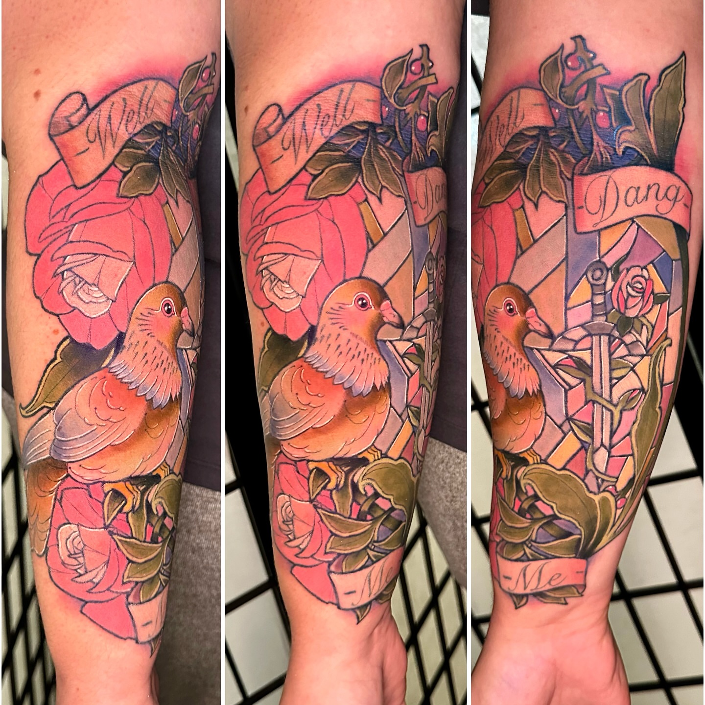 Birds and roses new school tattoo on the forearm by Robert Douglas