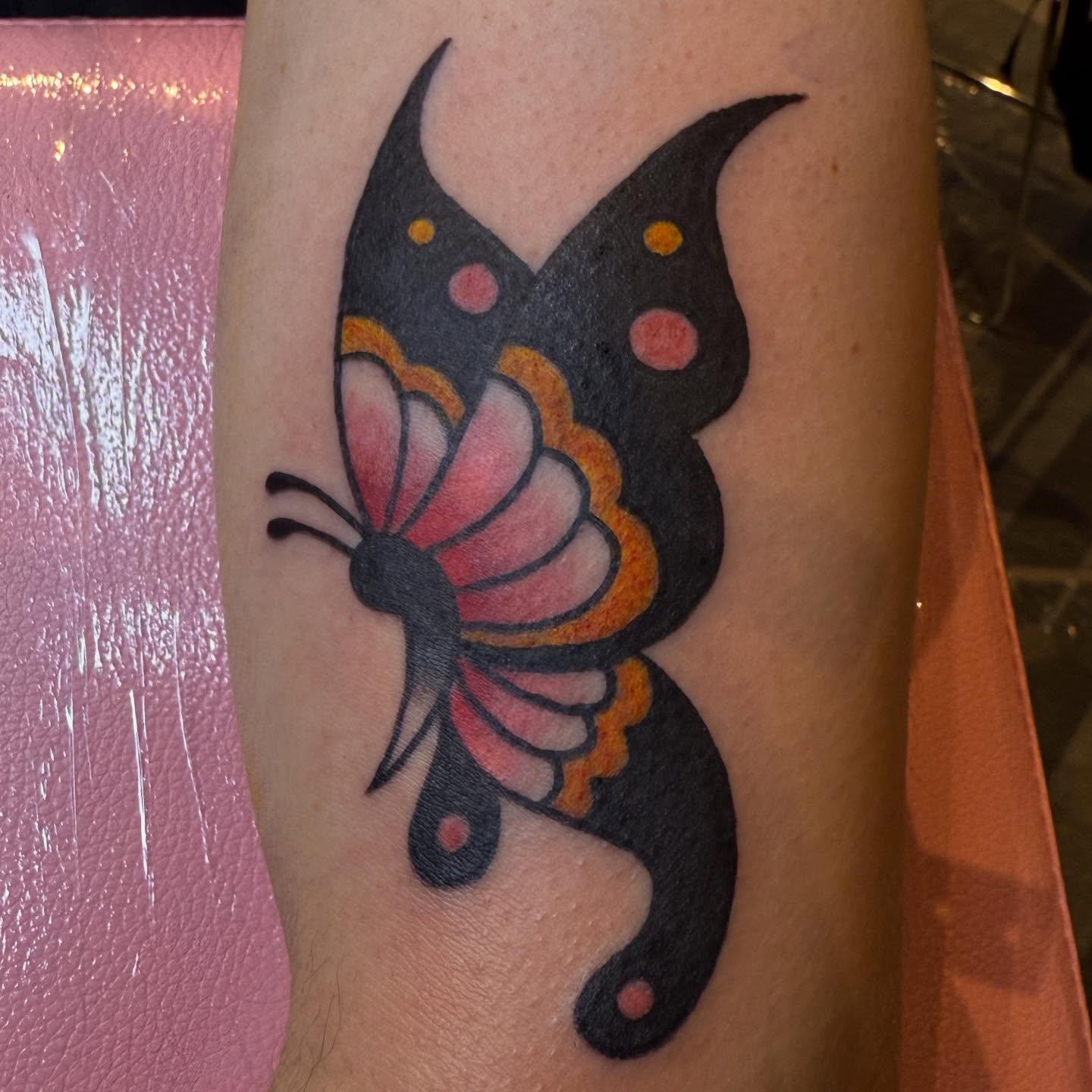 Butterfly American traditional tattoo on the forearm by ✮KAT✮