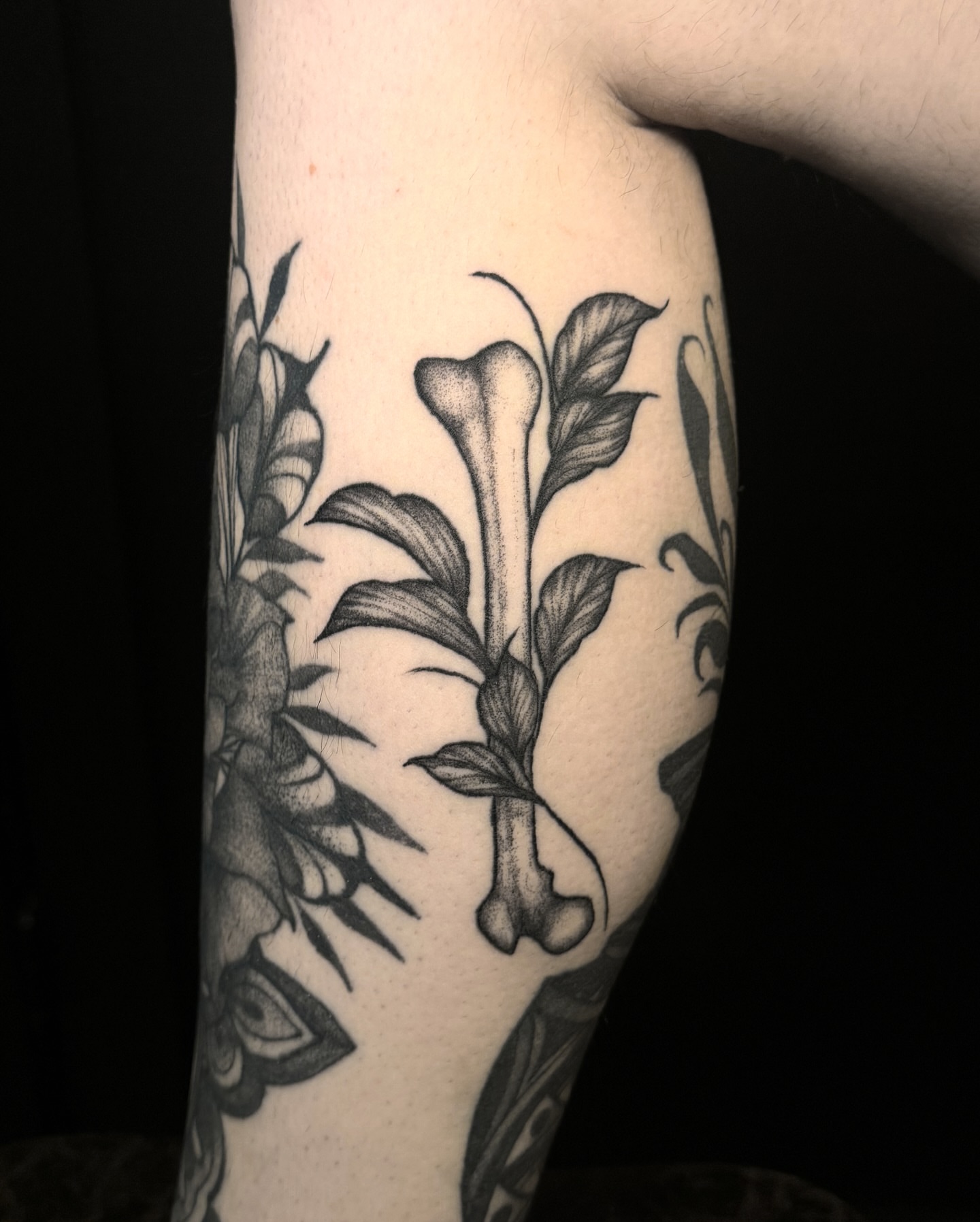Bone and leaves dotwork tattoo on the forearm by Kam Mills