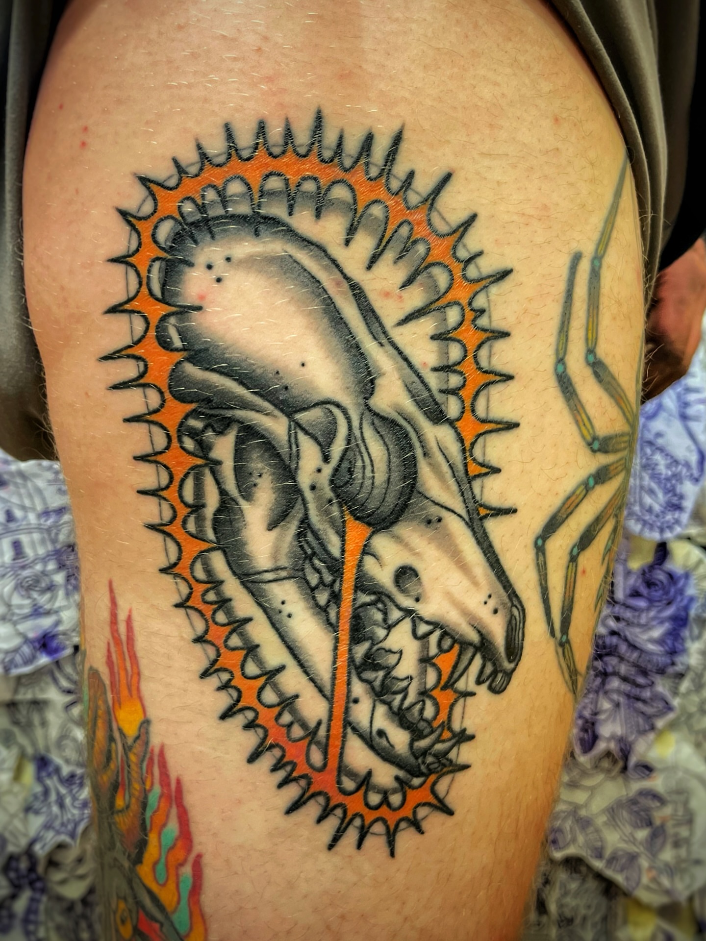 Dinosaur skull black and grey tattoo on the thigh by Gilbert Gonzalez