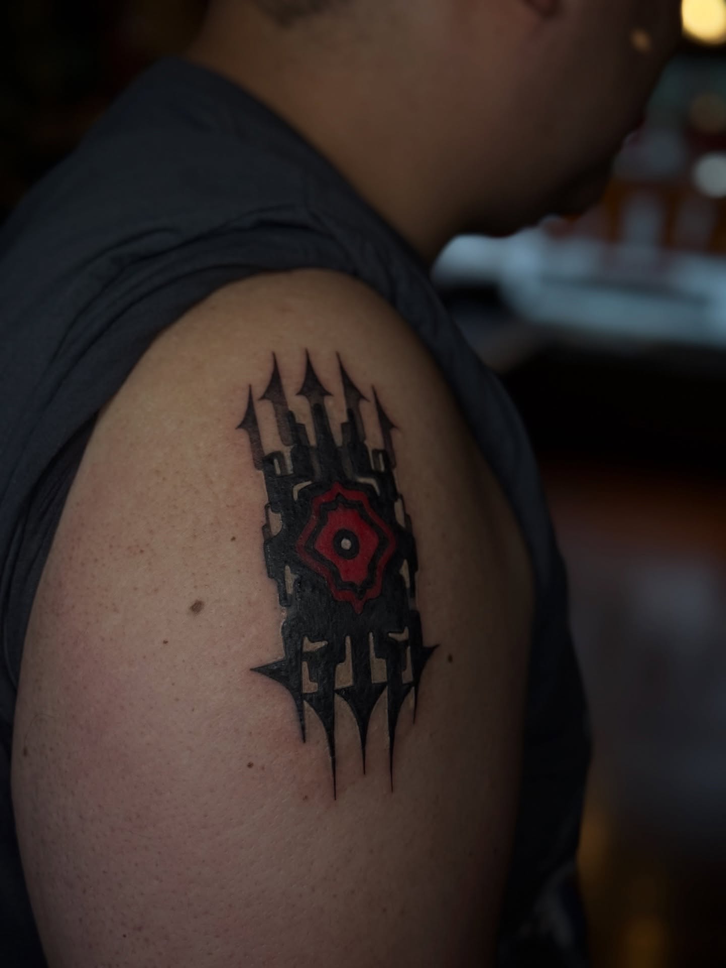 Castle geometric tattoo on the shoulder by Jynx