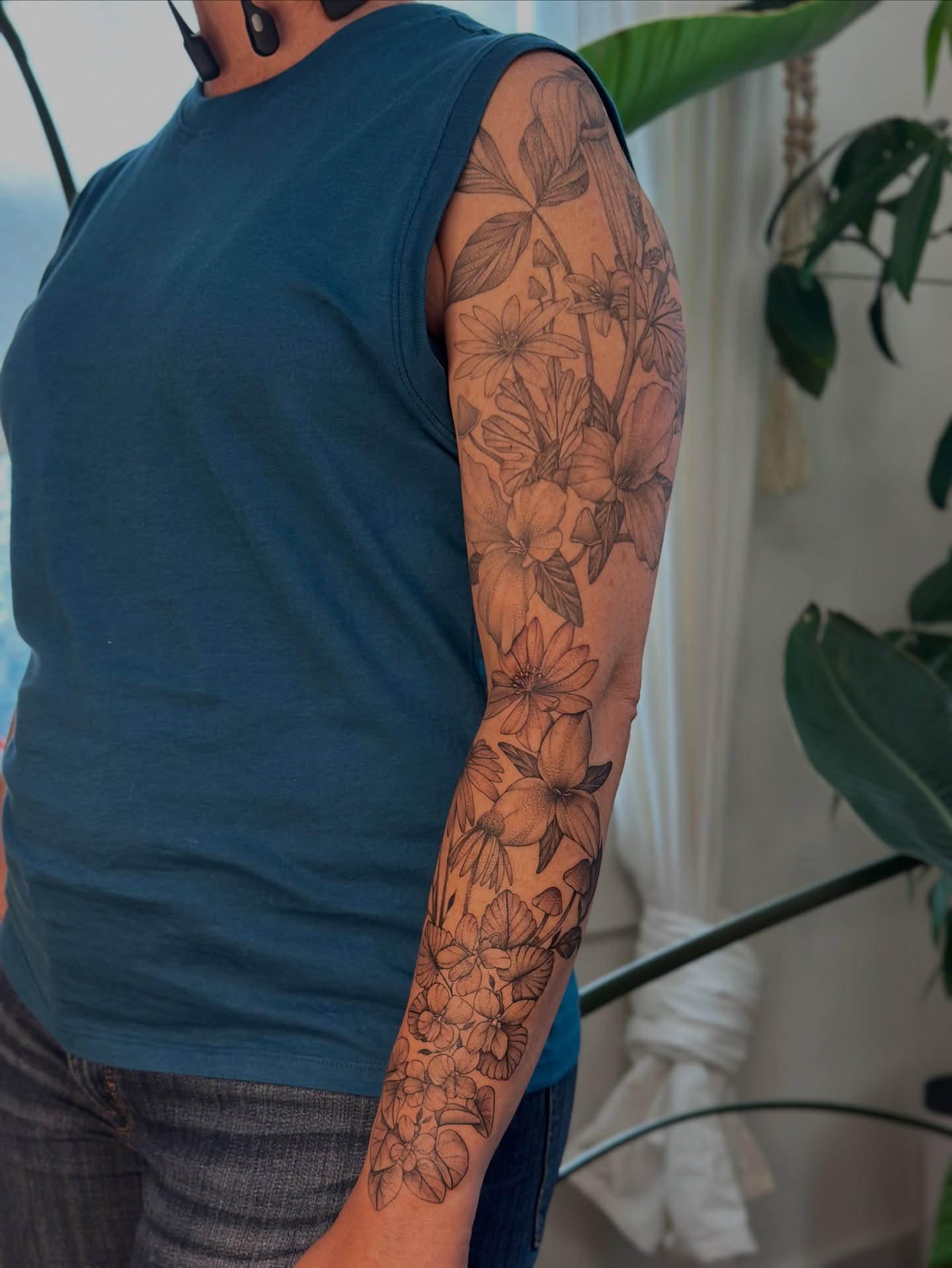 Floral bouquet black and grey tattoo on the forearm by ๐
๐๐๐๐๐ ๐๐๐๐๐๐