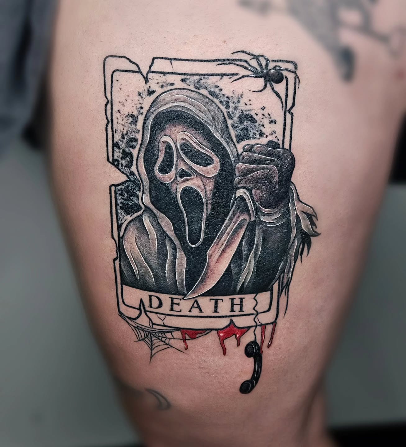 Scream mask realism tattoo on the thigh by TaylorLeighShermanTattoos OFFICIAL
