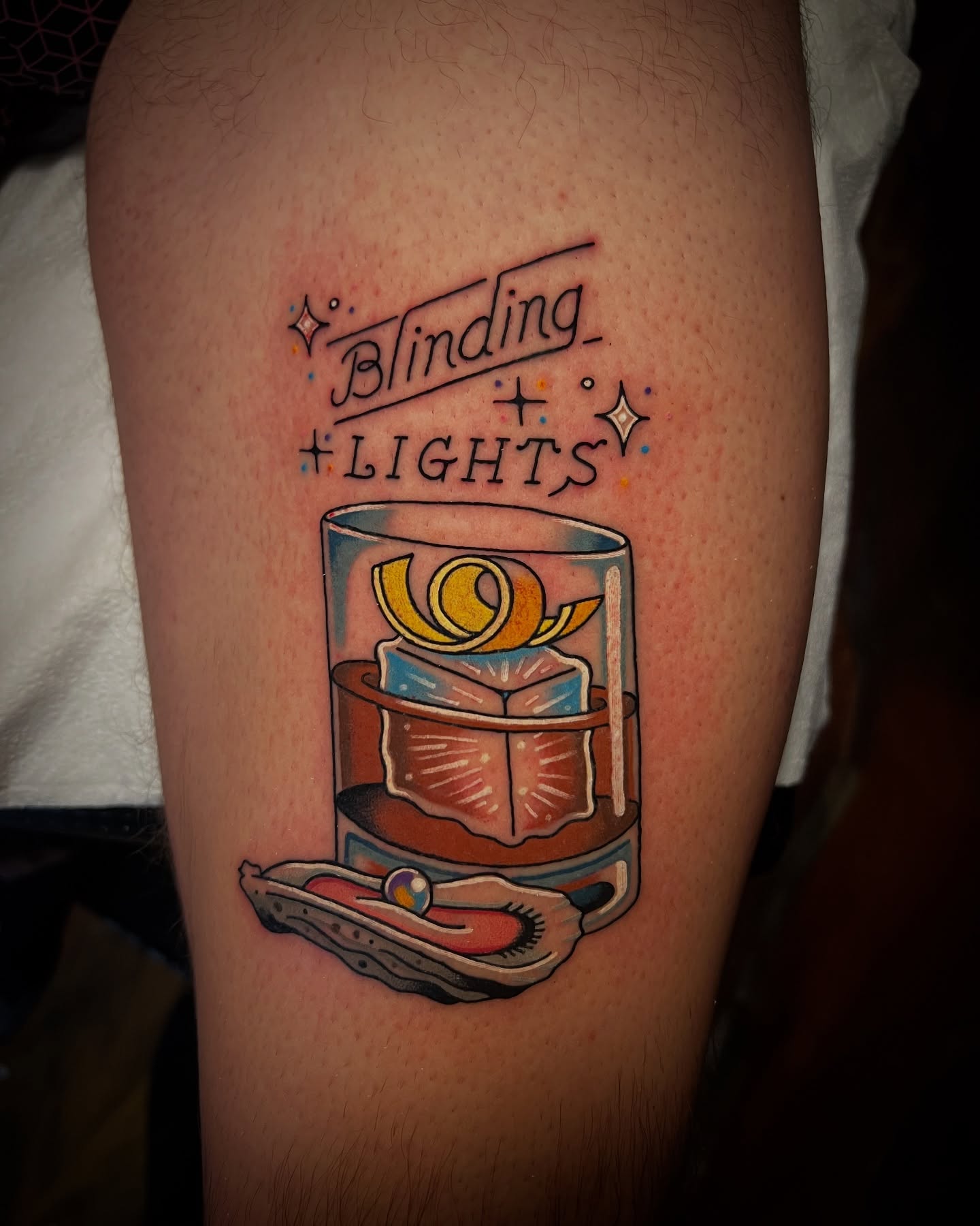 Blinding lights new school tattoo on the thigh by Michael Munter, Philadelphia, Pennsylvania