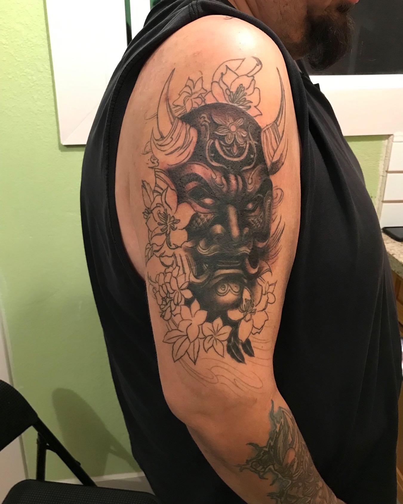 Tattoo by @chinos_tattoos โ black_and_grey, japanese_irezumi