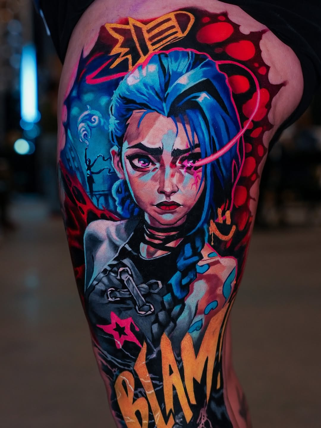 Jinx from Arcane neo-traditional tattoo on the forearm by Israel De Jesus Legonier Aguliera