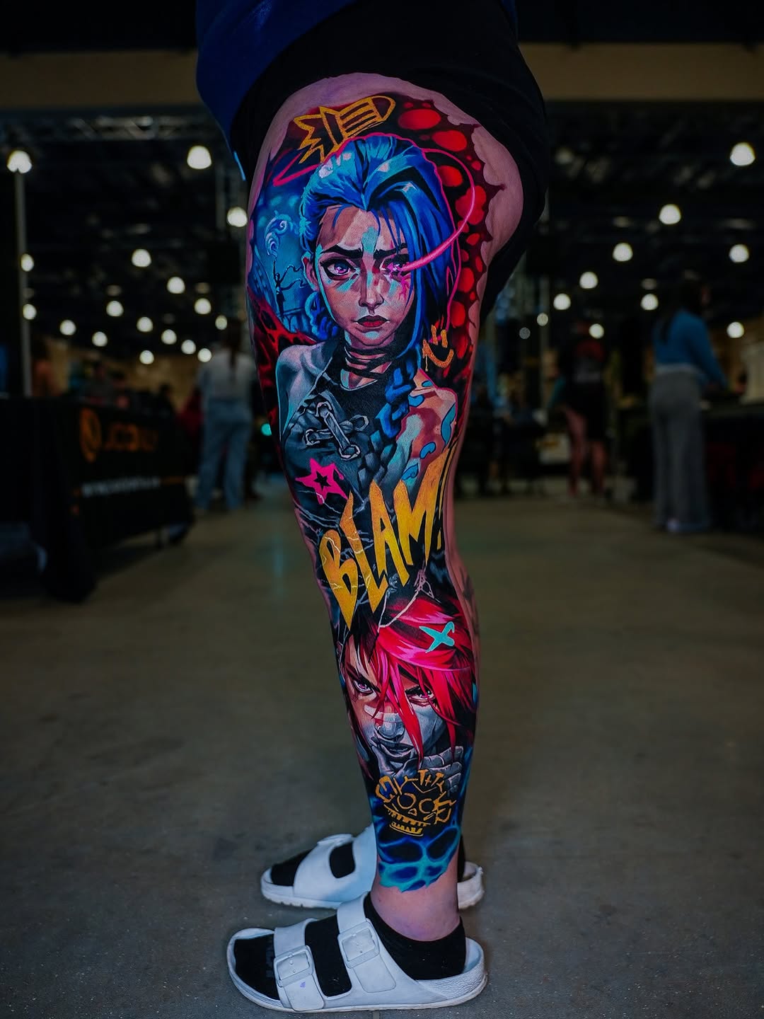 Jinx and Vi from Arcane surrealism tattoo on the leg by Israel De Jesus Legonier Aguliera