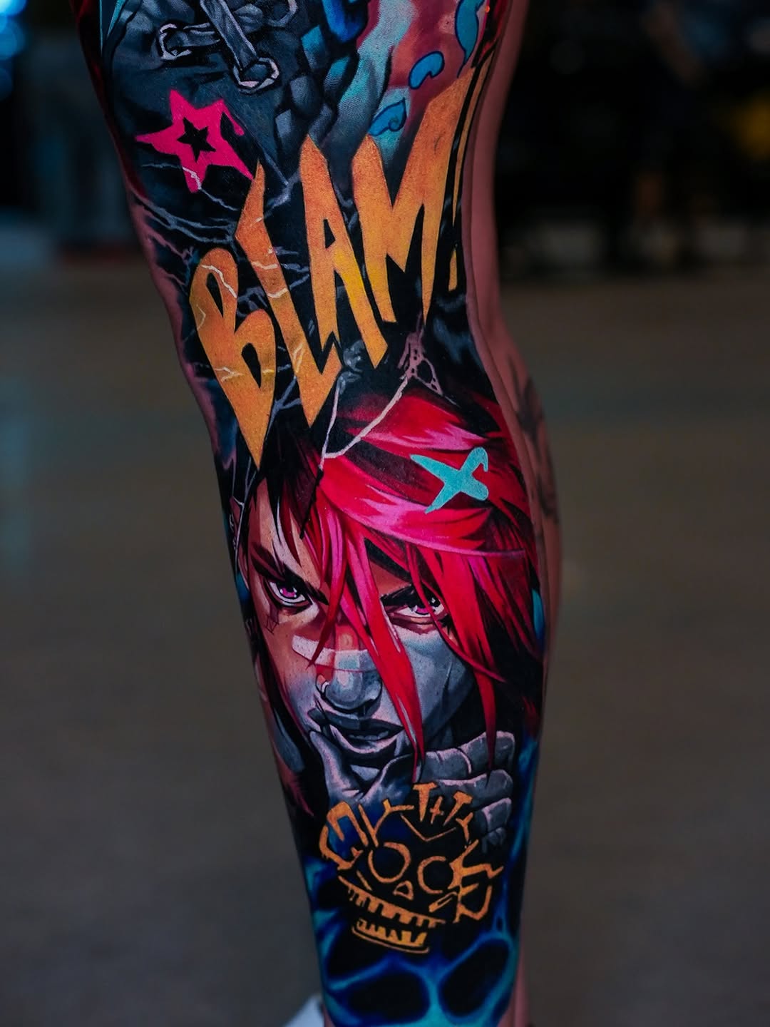 Vi from Arcane surrealism tattoo on the leg by Israel De Jesus Legonier Aguliera