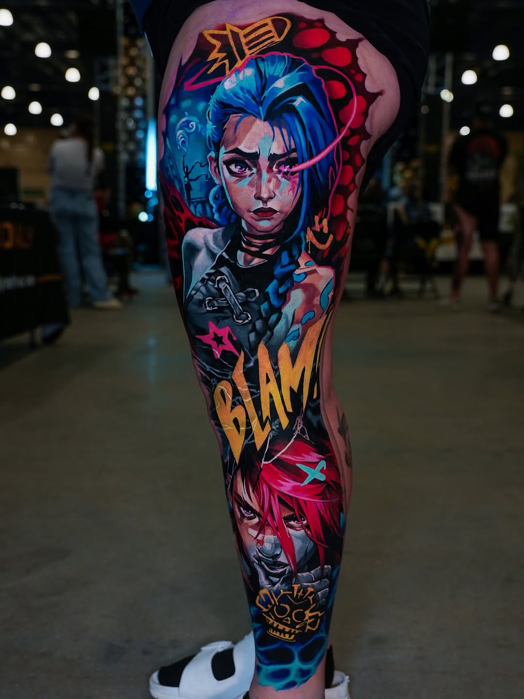 Jinx and Vi from Arcane surrealism tattoo on the leg by Israel De Jesus Legonier Aguliera
