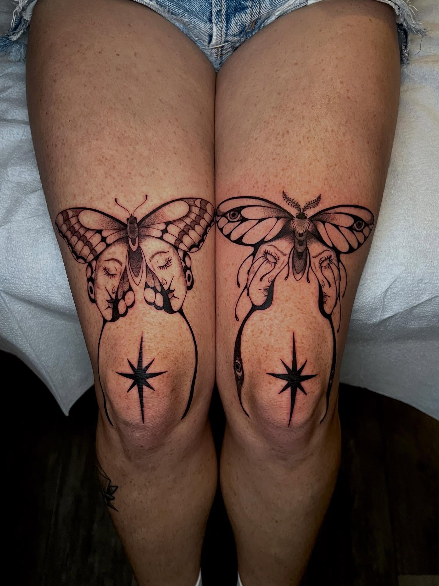Moths realism tattoo on the thigh by AJ π°π· LA tattoo