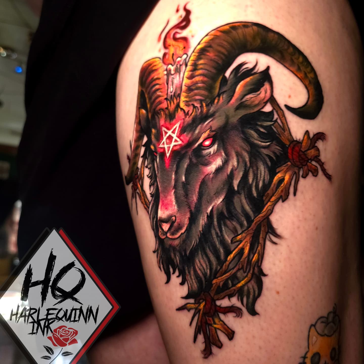 Ram head dark realism tattoo on the forearm by HarleQuinn_Ink