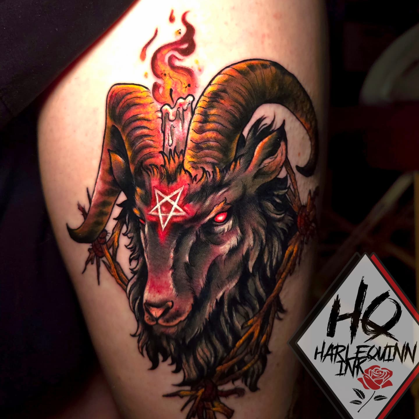 Ram head dark realism tattoo on the thigh by HarleQuinn_Ink