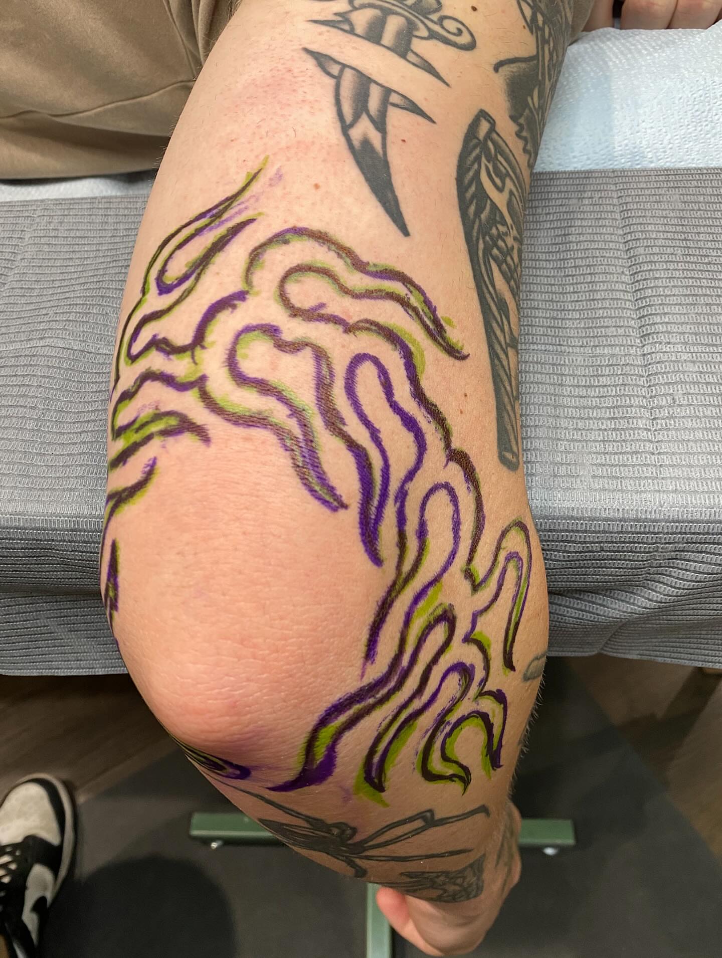Flames new school tattoo on the thigh by Kiera ❤️‍🔥