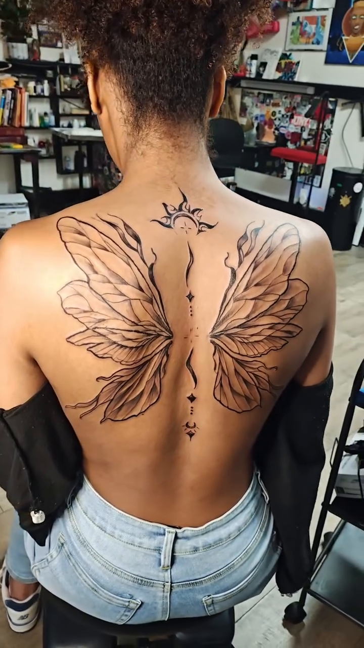 Butterfly wings tattoo blackwork tattoo on the back by @cvpital