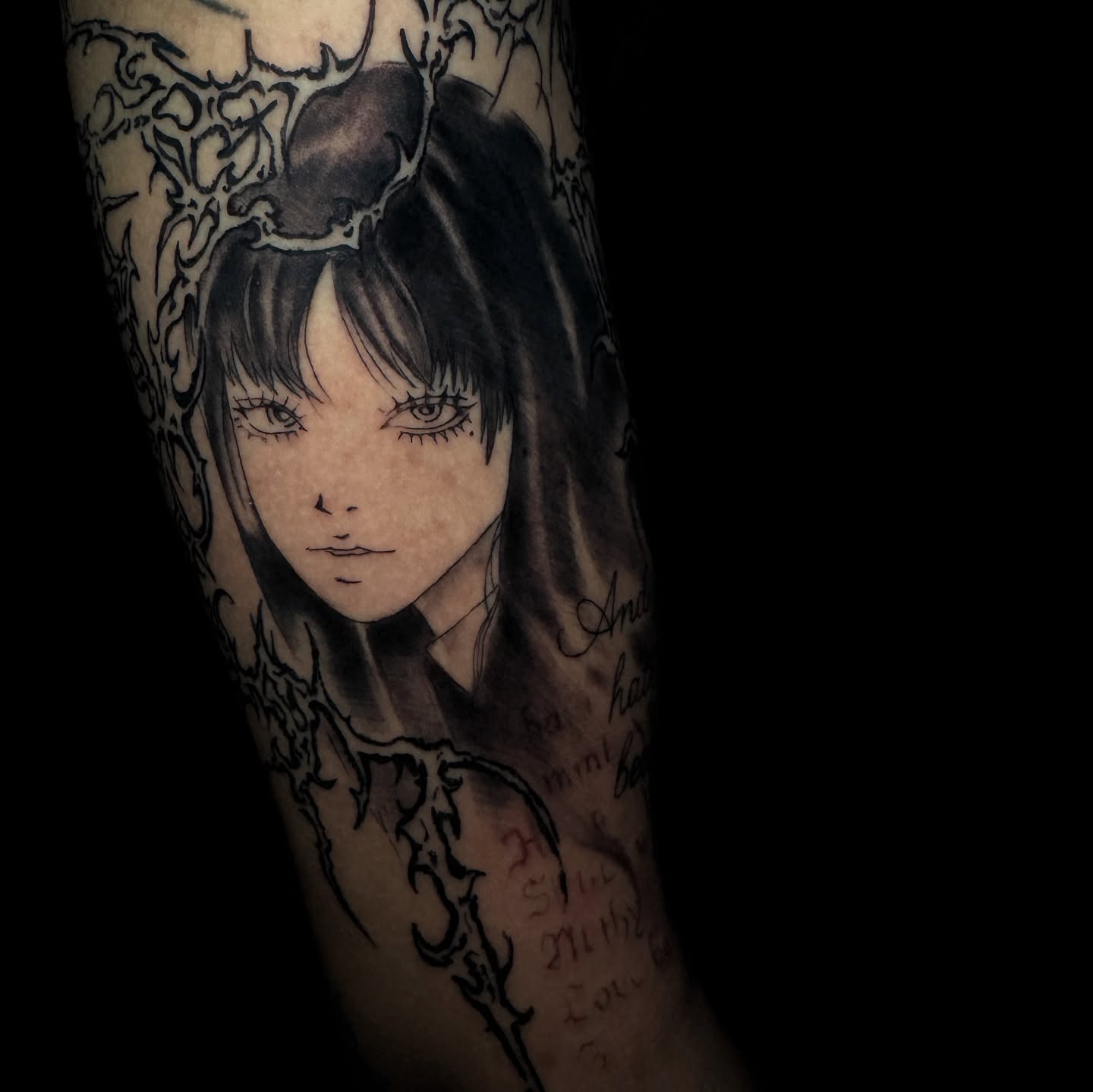Tattoo by @rustoblack — anime, black_and_grey
