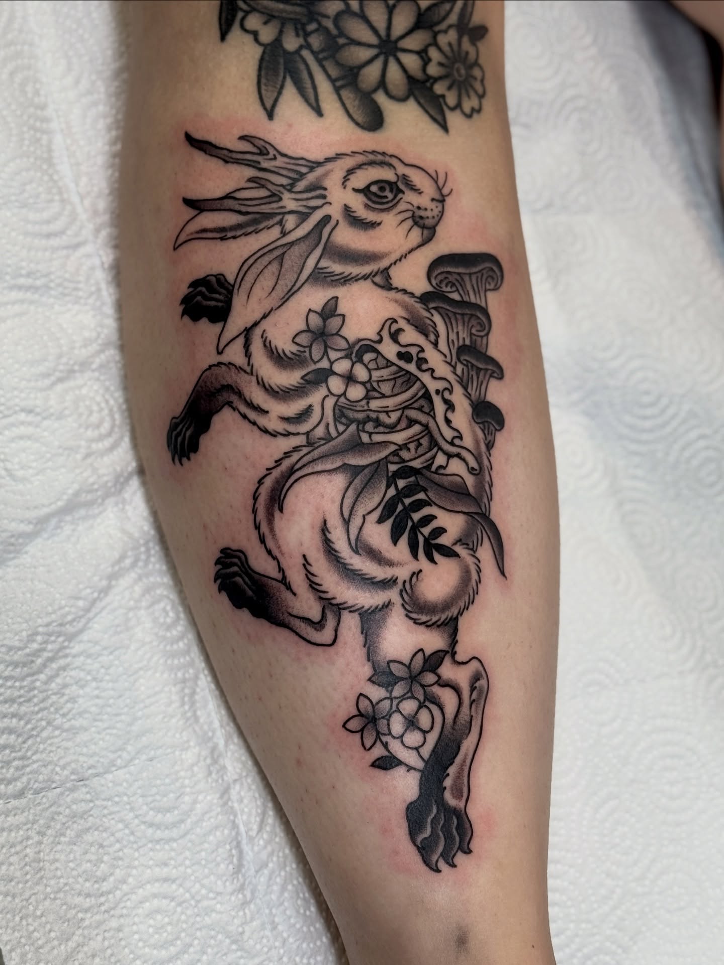 Hare and mushrooms black and grey tattoo on the forearm by Christopher  Cousins, Nashville, Tennessee