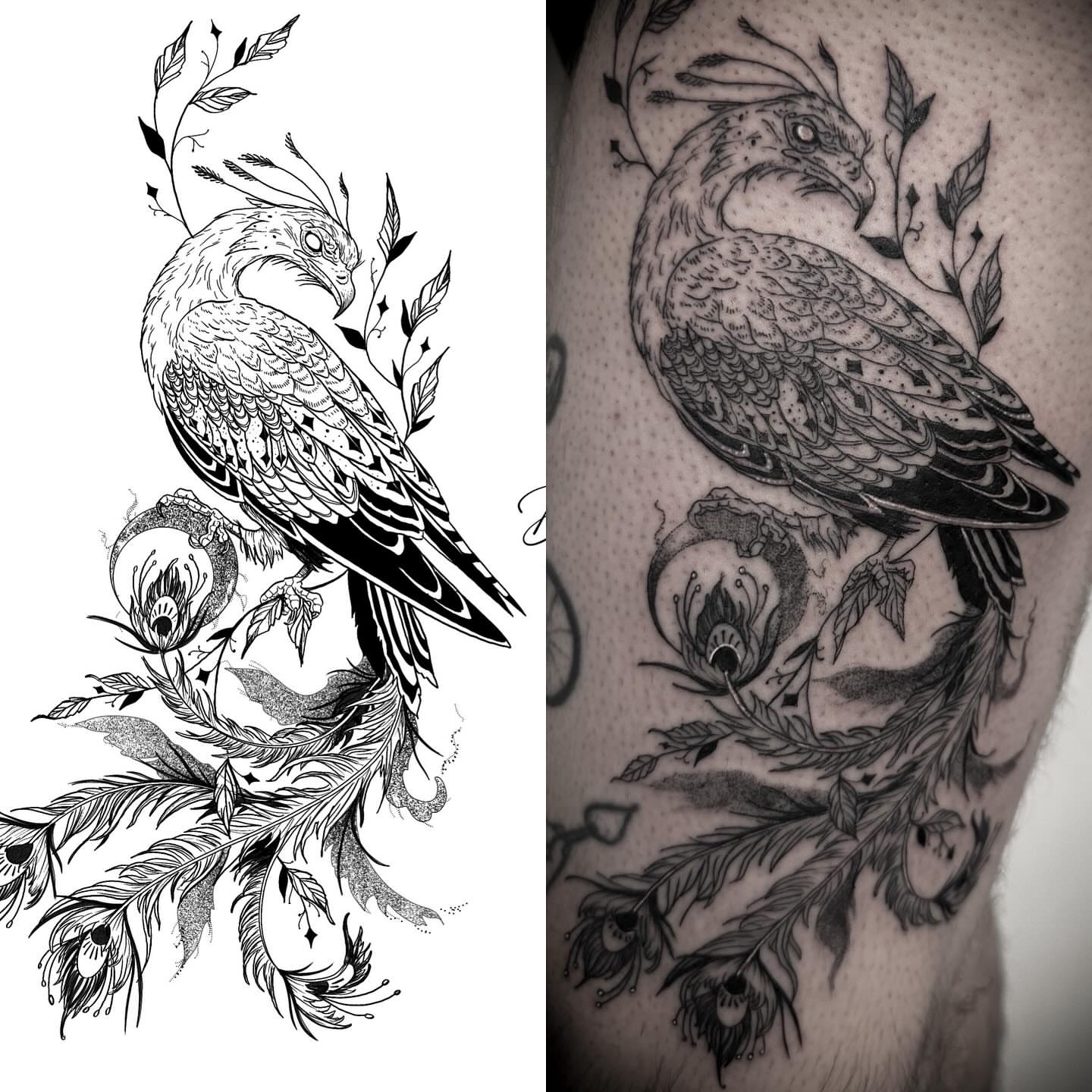 Hawk and floral elements dotwork tattoo on the thigh by Christen Wolfe CA Tattooer