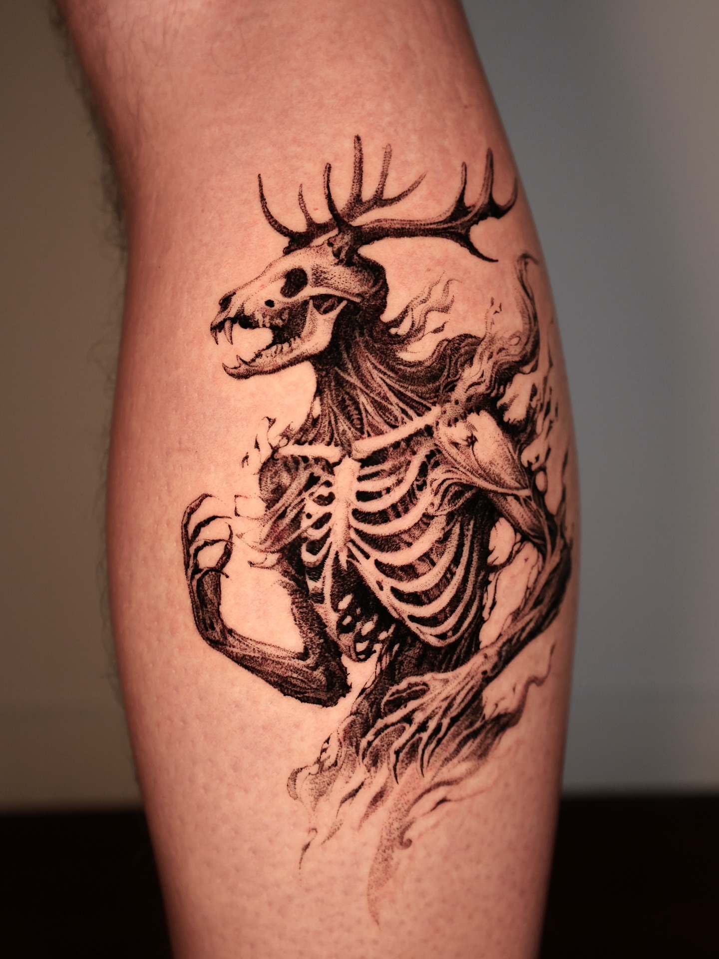 Deer skeleton realism tattoo on the thigh by Anna Chernova, San Francisco, California