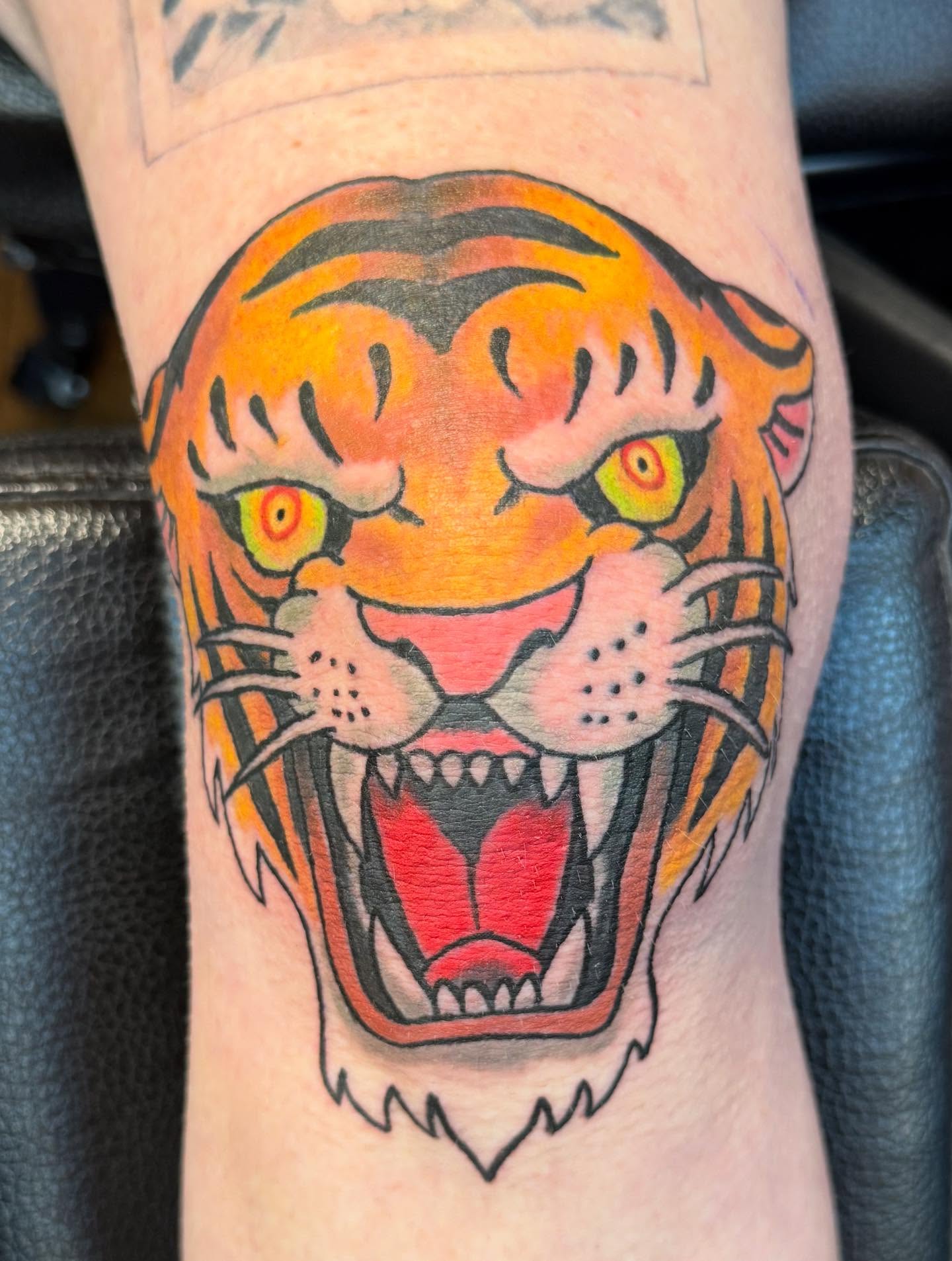 Tiger head American traditional tattoo on the forearm by Patrick Cornolo
