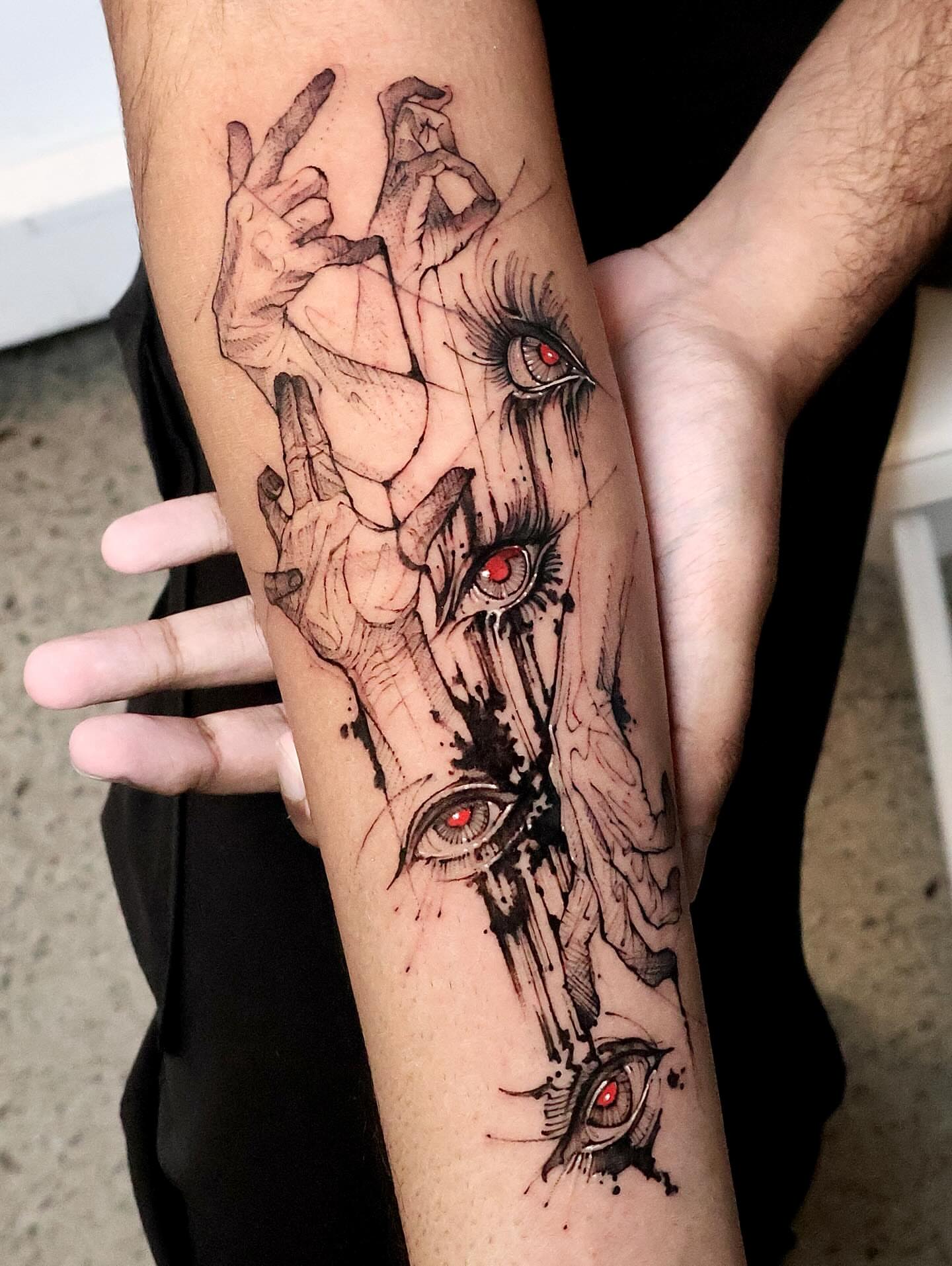 Eyes and hands dark realism tattoo on the forearm by Tadi