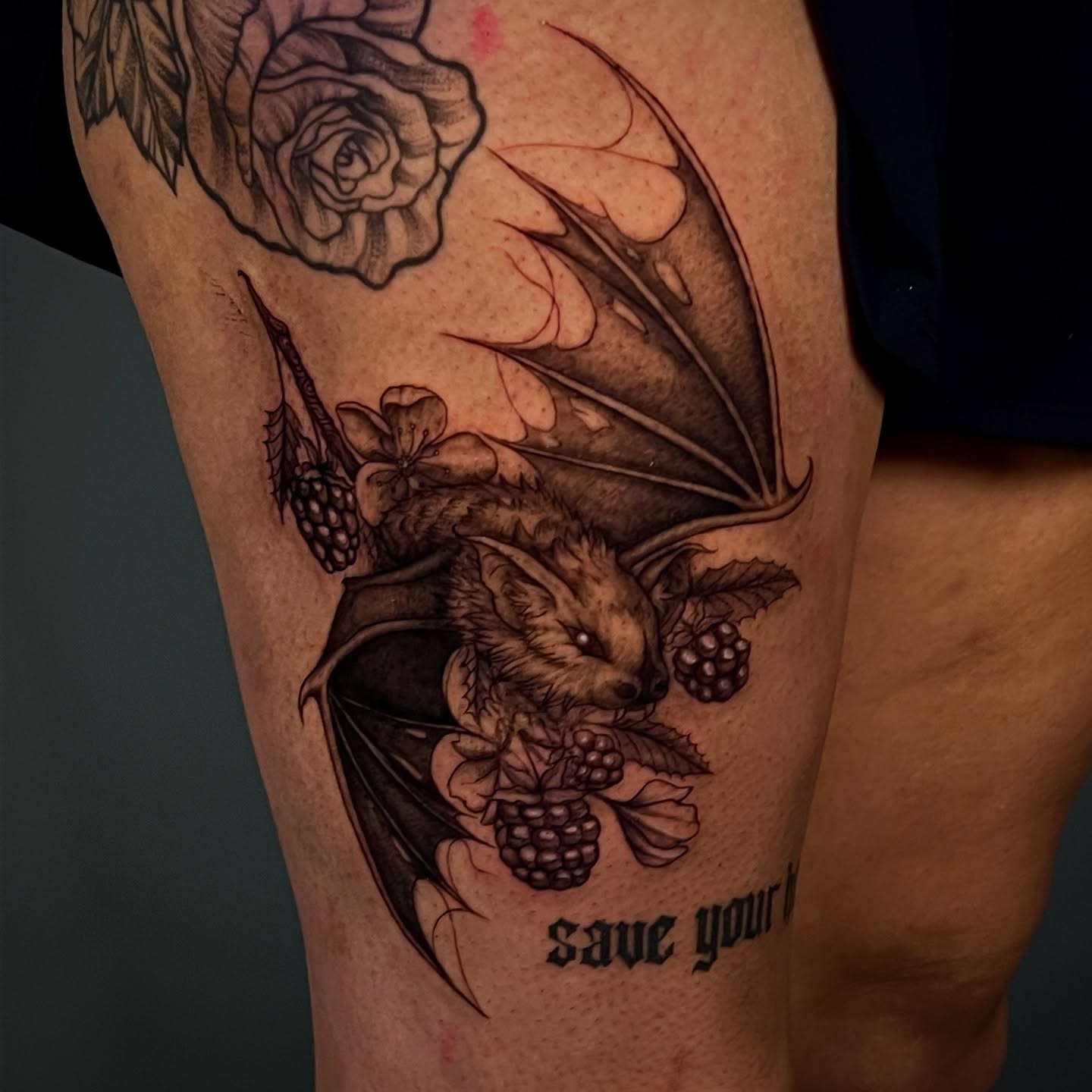 Bat and berries realism tattoo on the thigh by ☆ Kelly ☆