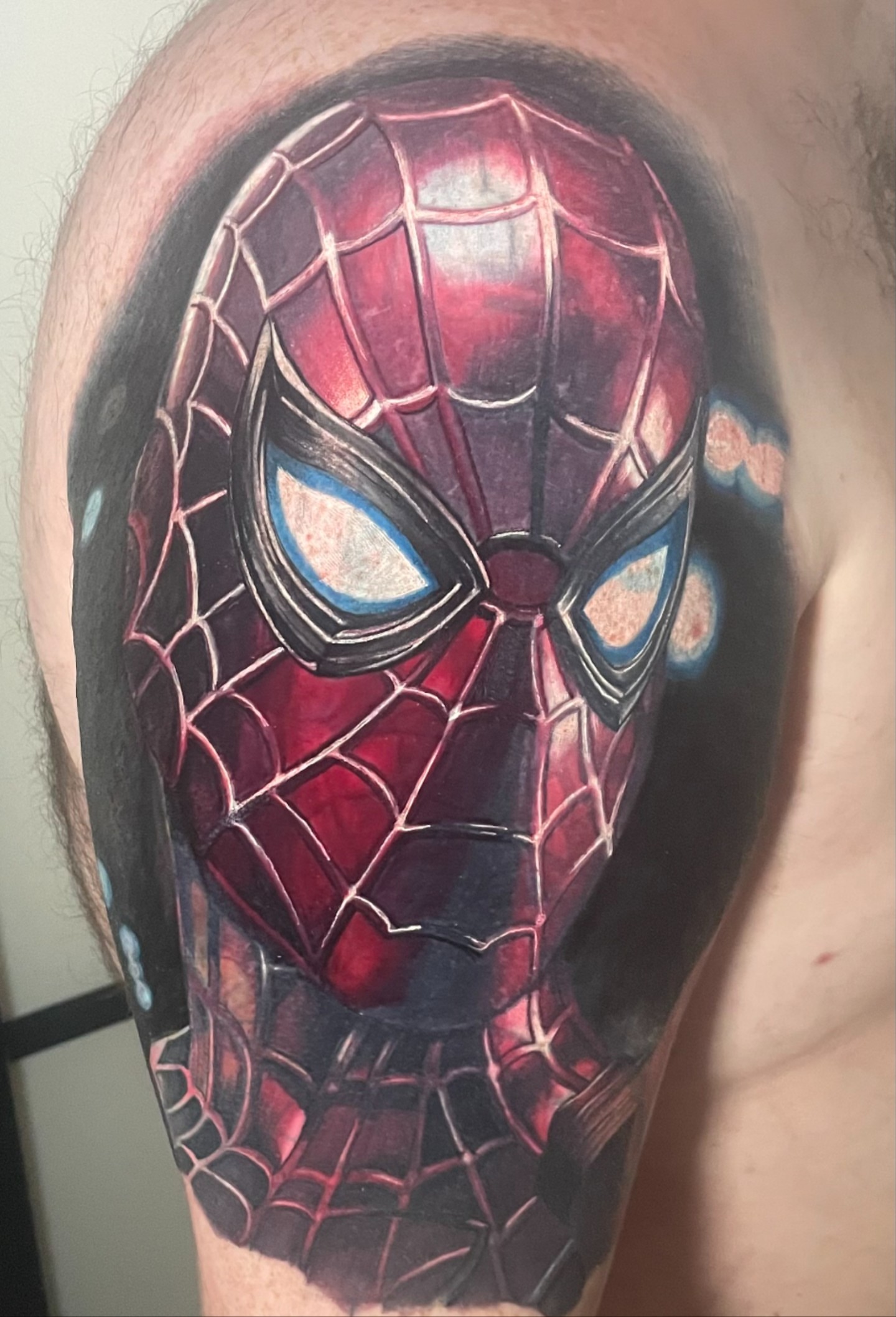 Spiderman mask realism tattoo on the thigh by Sirvonesmithtattoos@gmail.com
