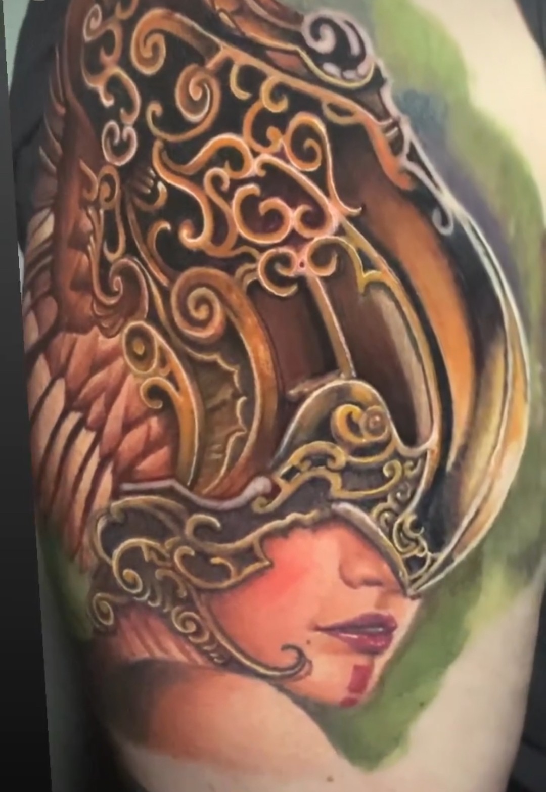 Helmeted woman realism tattoo on the forearm by Sirvonesmithtattoos@gmail.com