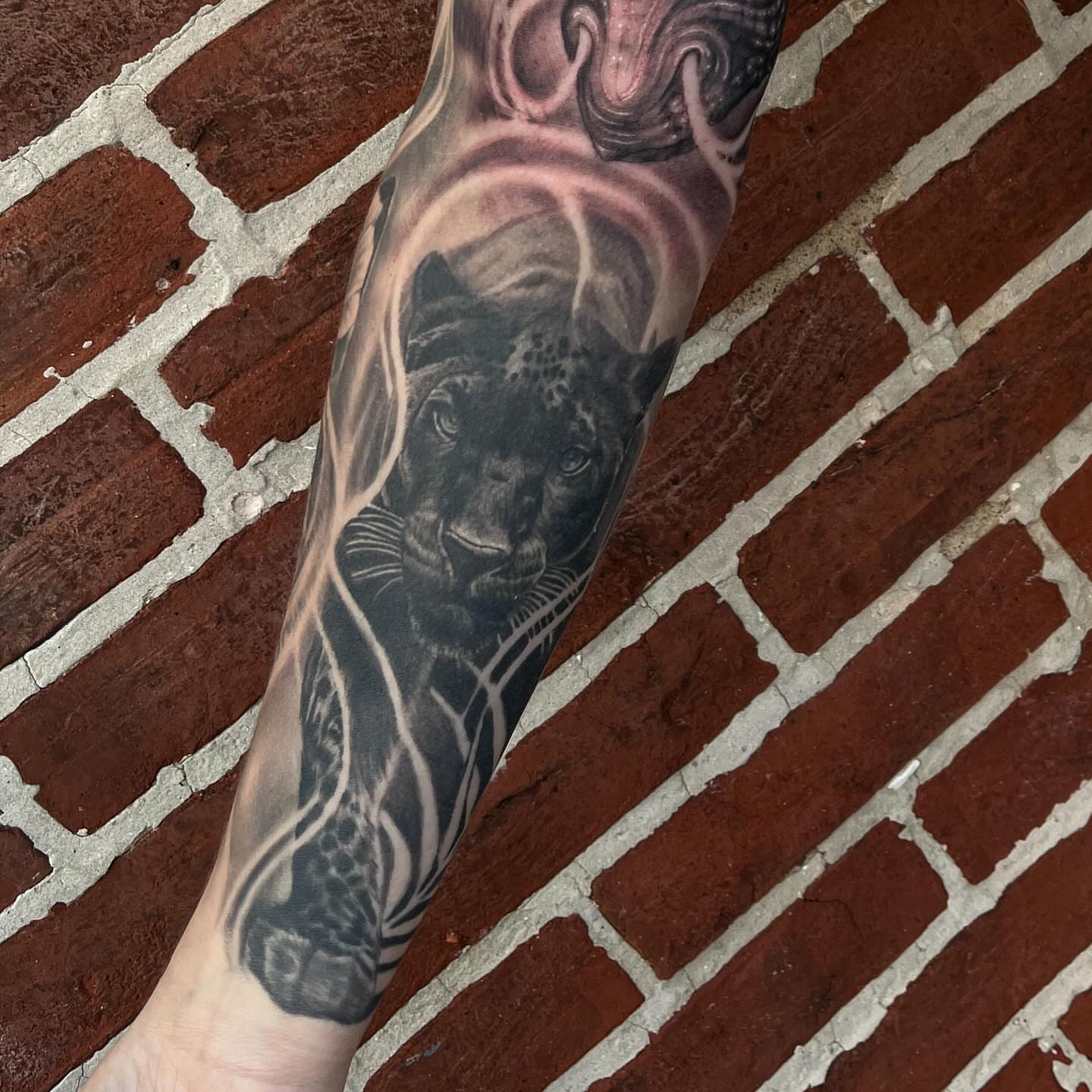 Panther realism tattoo on the forearm by Adam Habecker