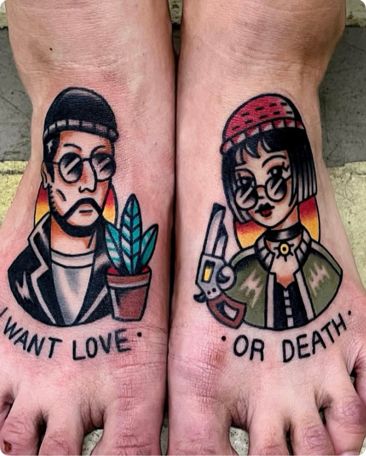 Love and death American traditional tattoo on the foot by 올드스쿨타투 레드립