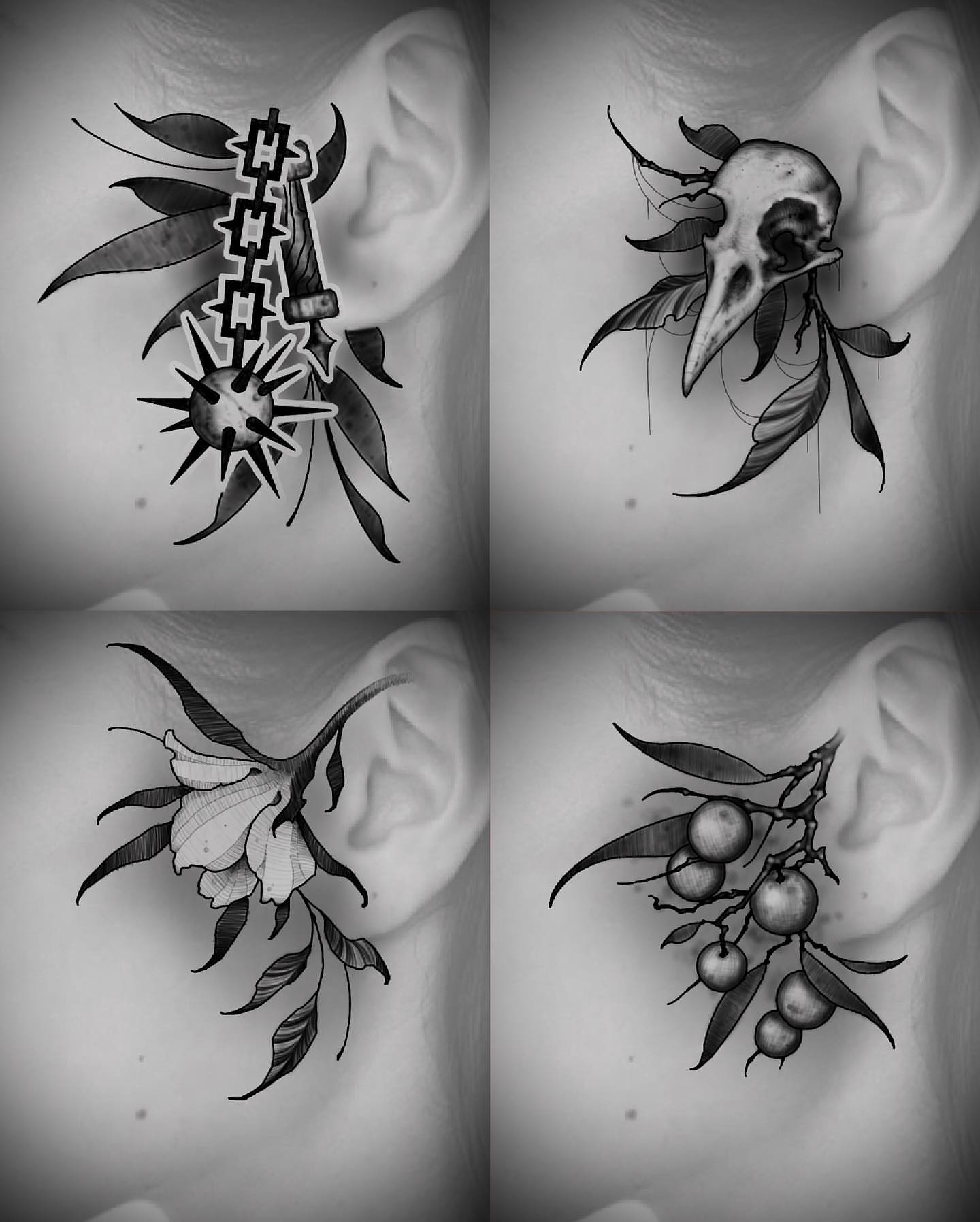 Bird skull and leaves geometric tattoo by Griffin Benson