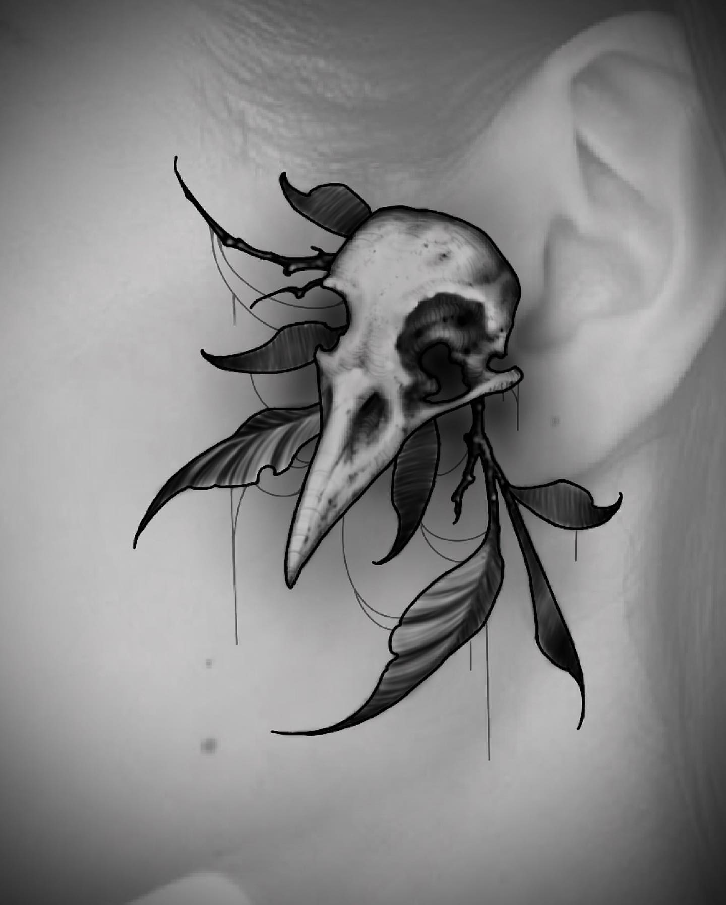 Bird skull black and grey tattoo on the shoulder by Griffin Benson