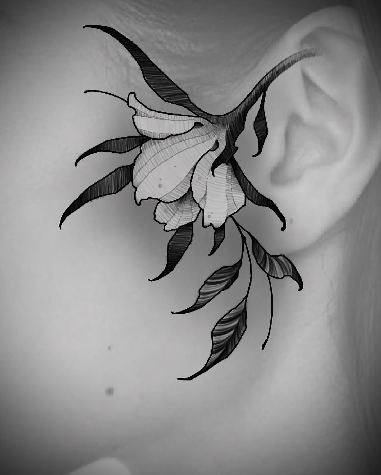 Flower black and grey tattoo on the neck by Griffin Benson