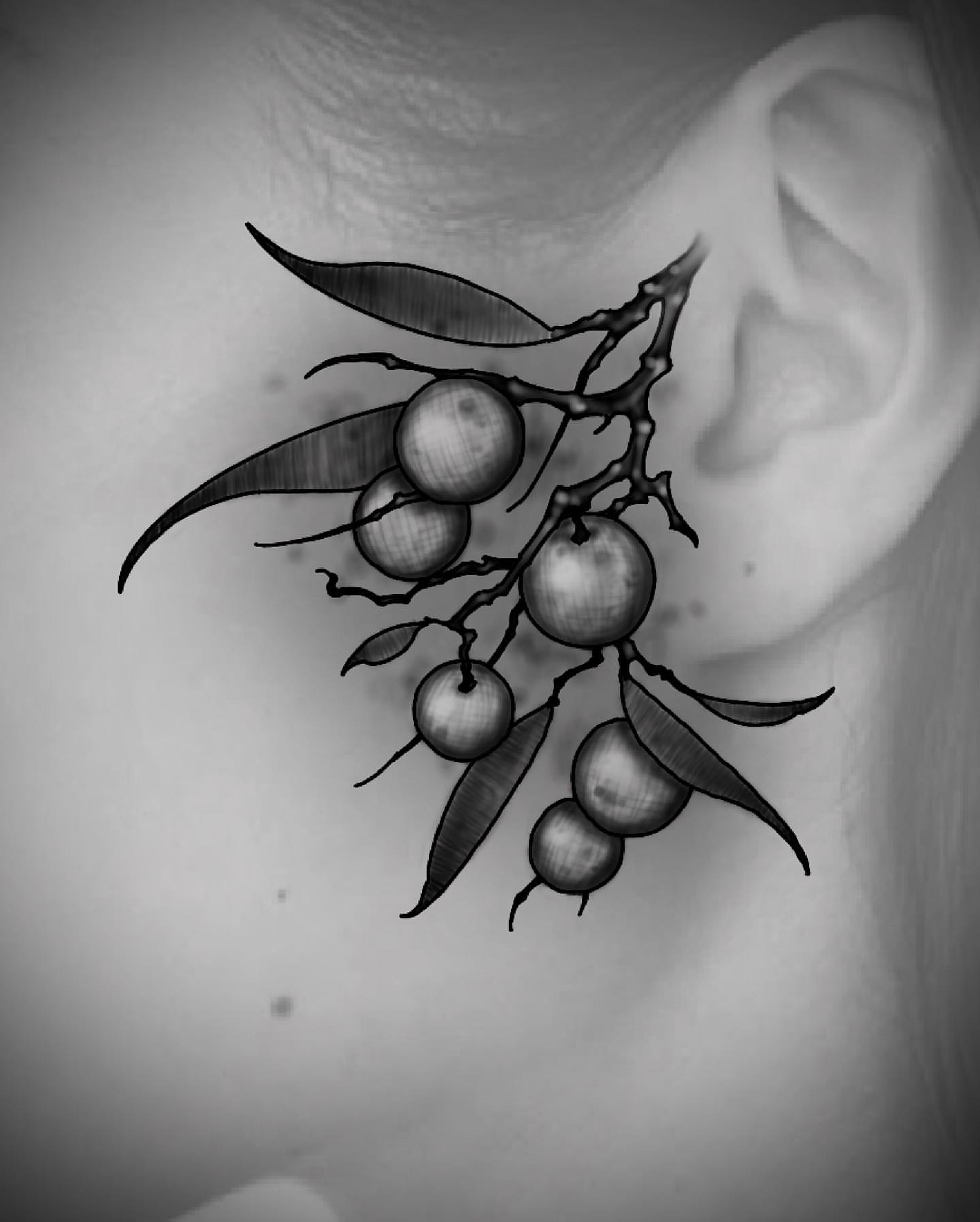 Branch with berries black and grey tattoo on the shoulder by Griffin Benson