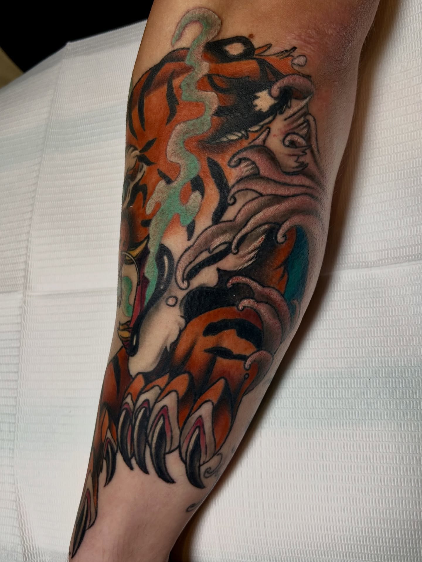 Tiger American traditional tattoo on the forearm by Tattoos By Lola Cavotta, Willoughby, Ohio