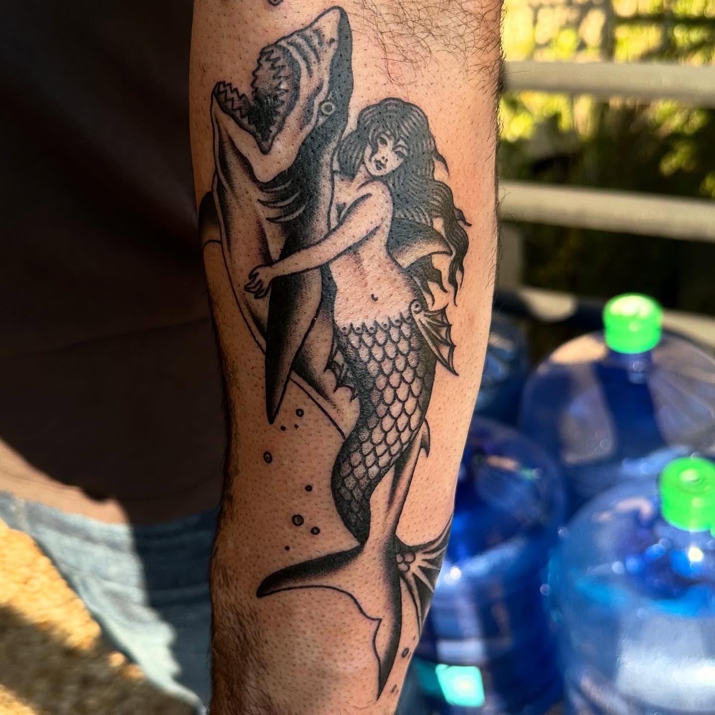 Mermaid and shark dotwork tattoo on the forearm by Jess Ritchie, Austin, Texas