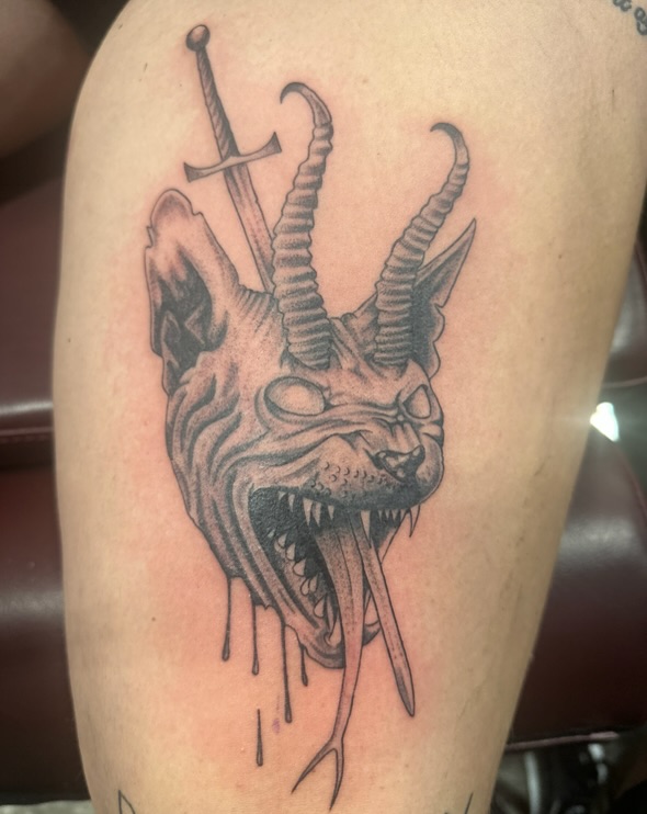 Tattoo by @lenca_art — black_and_grey, dark_realism