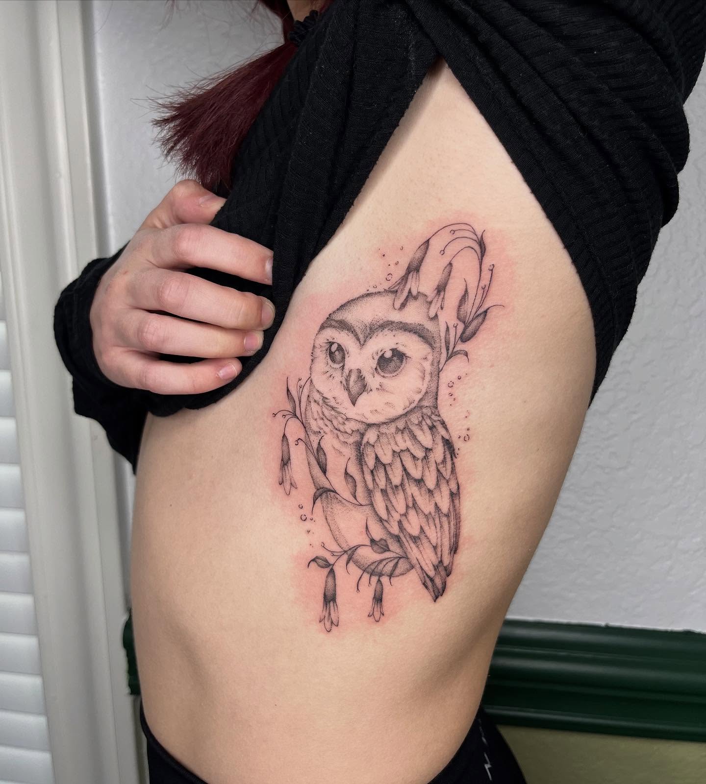 Owl black and grey tattoo on the ribs by Ash F