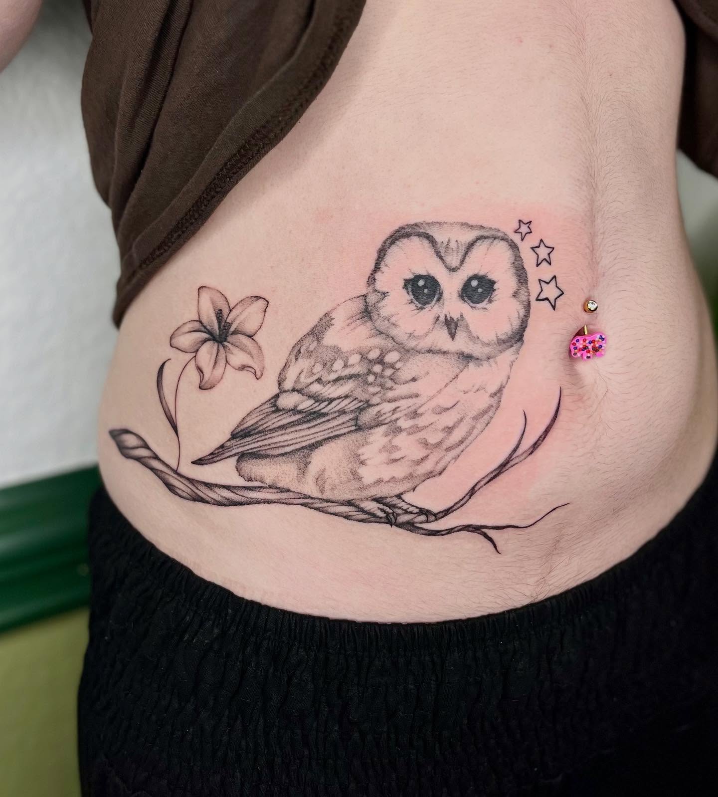 Owl realism tattoo on the ribs by Ash F